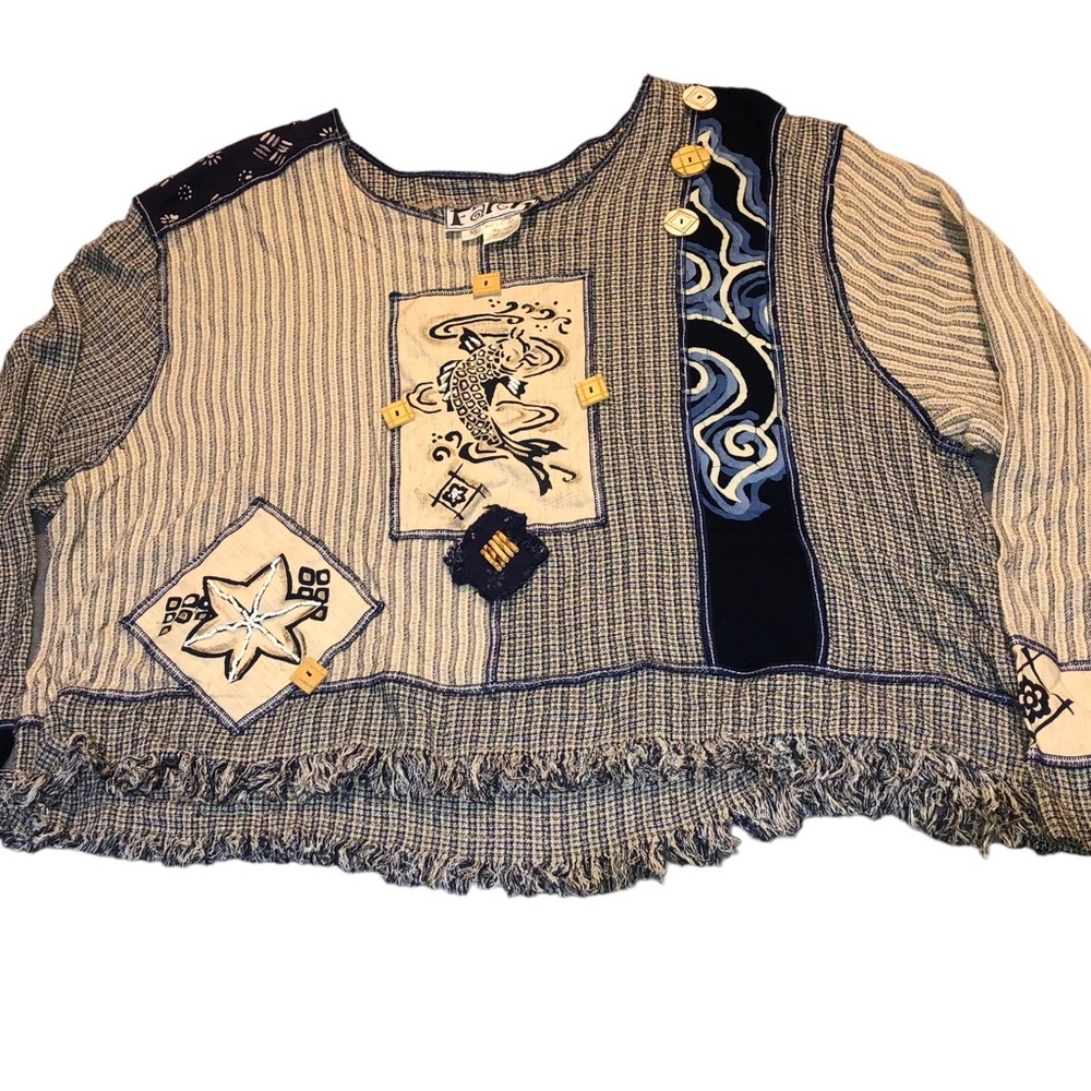 Vintage blue fish style cropped fringed long sleeve shirt handmade in Bali koi - Picture 1 of 9